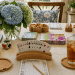 Indoor game night with cards, snacks, and a refreshing drink on a wooden table.