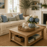 Elegant coastal living room with neutral tones and blue accents.