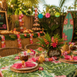 Colorful tropical-themed outdoor party with floral decorations and Aloha signs.