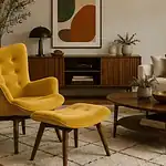 Stylish mid-century modern living room with yellow armchair and white sofa.
