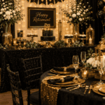 Luxurious retirement party table with gold and black decorations.