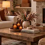 Warm living room with candles, pillows, and autumn accents.