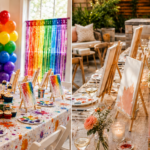Vibrant painting supplies and floral decor for creative party setup.
