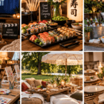 Beautiful outdoor and indoor party setups with food, decor, and lighting.