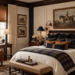 Luxurious bedroom with Ralph Lauren style, plaid bedding, and classic artwork.