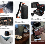 Collection of travel accessories including Nintendo Switch cases, backpacks, and tech gadgets.