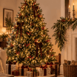Festive Christmas tree with warm lighting and elegant decorations.