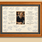 Framed retirement message with handwritten notes and photo.
