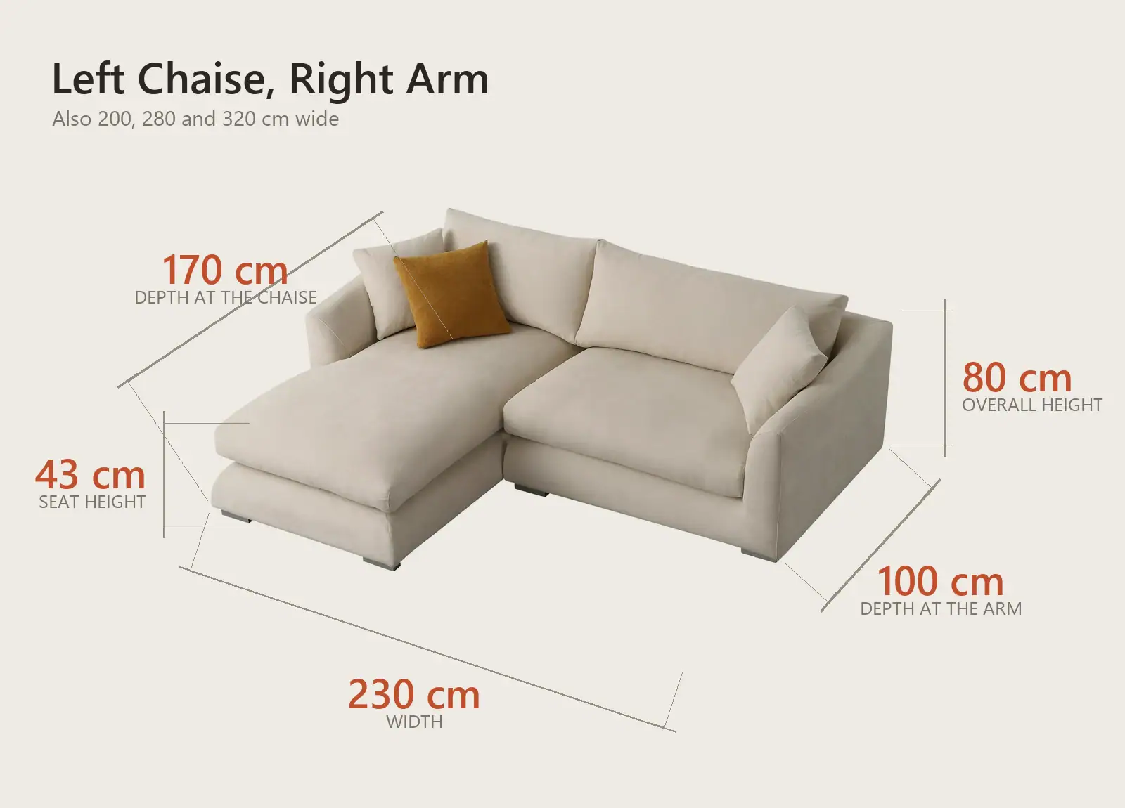 Stella Left Chaise Right Arm dimensions: 230 cm wide, 170 cm deep at the chaise and 100 cm at the arm, 80 cm overall height, 43 cm seat height