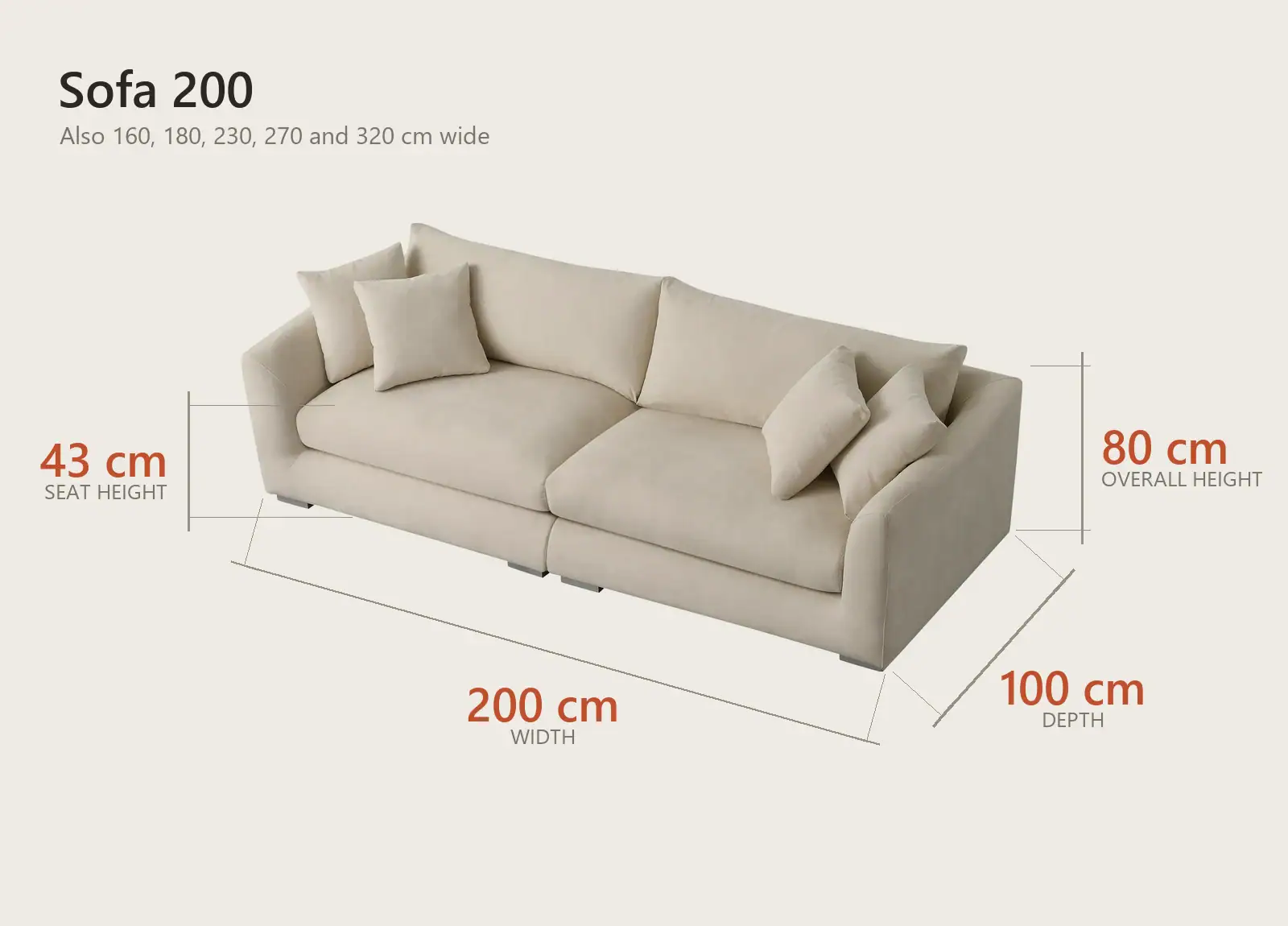Stella Sofa dimensions: 200 cm wide, 100 cm deep, 80 cm overall height, 43 cm seat height