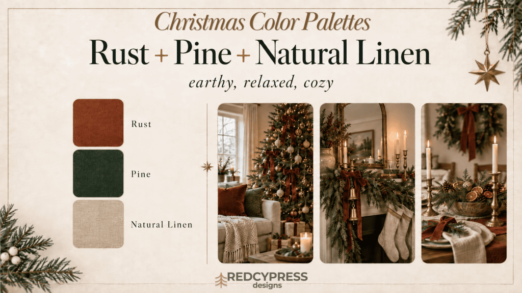 Festive Christmas decor with rust, pine, and natural linen color themes.