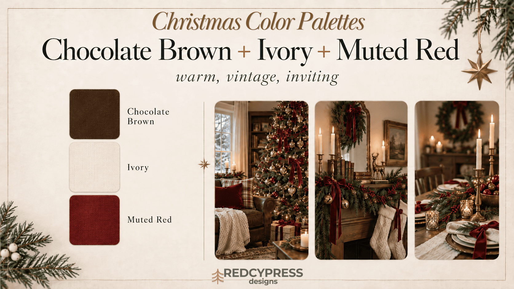 Festive Christmas decor with chocolate brown, ivory, and muted red colors.