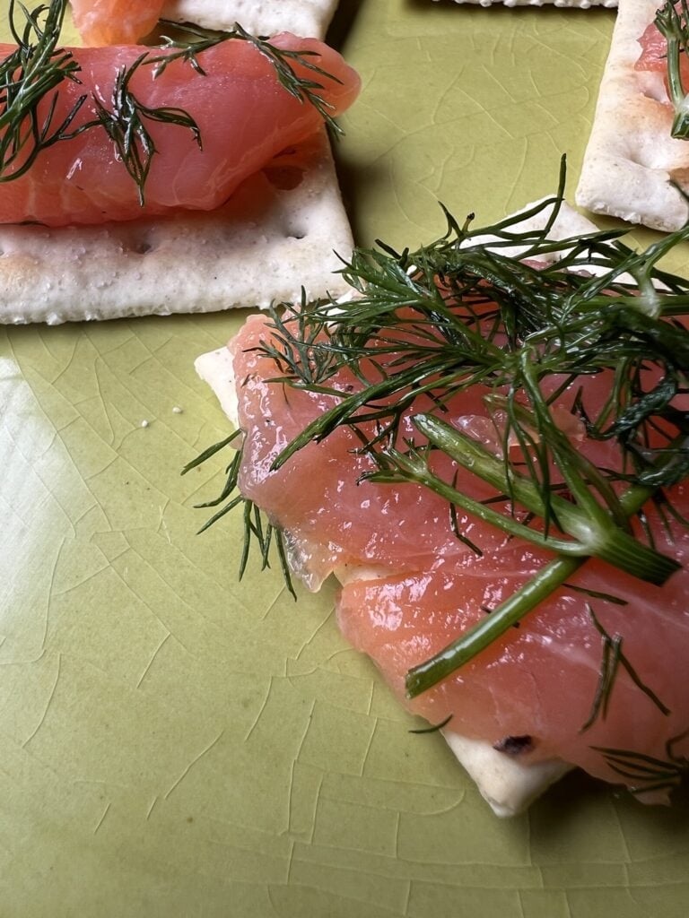Close-up of cured salmon garnished with dill on a textured ceramic plate
