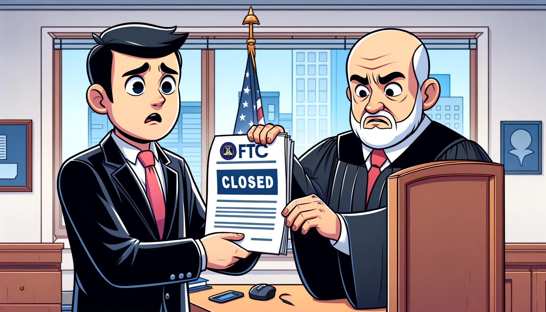 judge handing document of closure by FTC to businessman