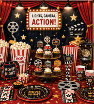 Party setup with themed decorations, popcorn, cupcakes, and cozy ambiance for celebrations.