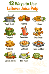 Healthy leftover food ideas infographic with illustrations of veggie broth, muffins, fritters, compo.