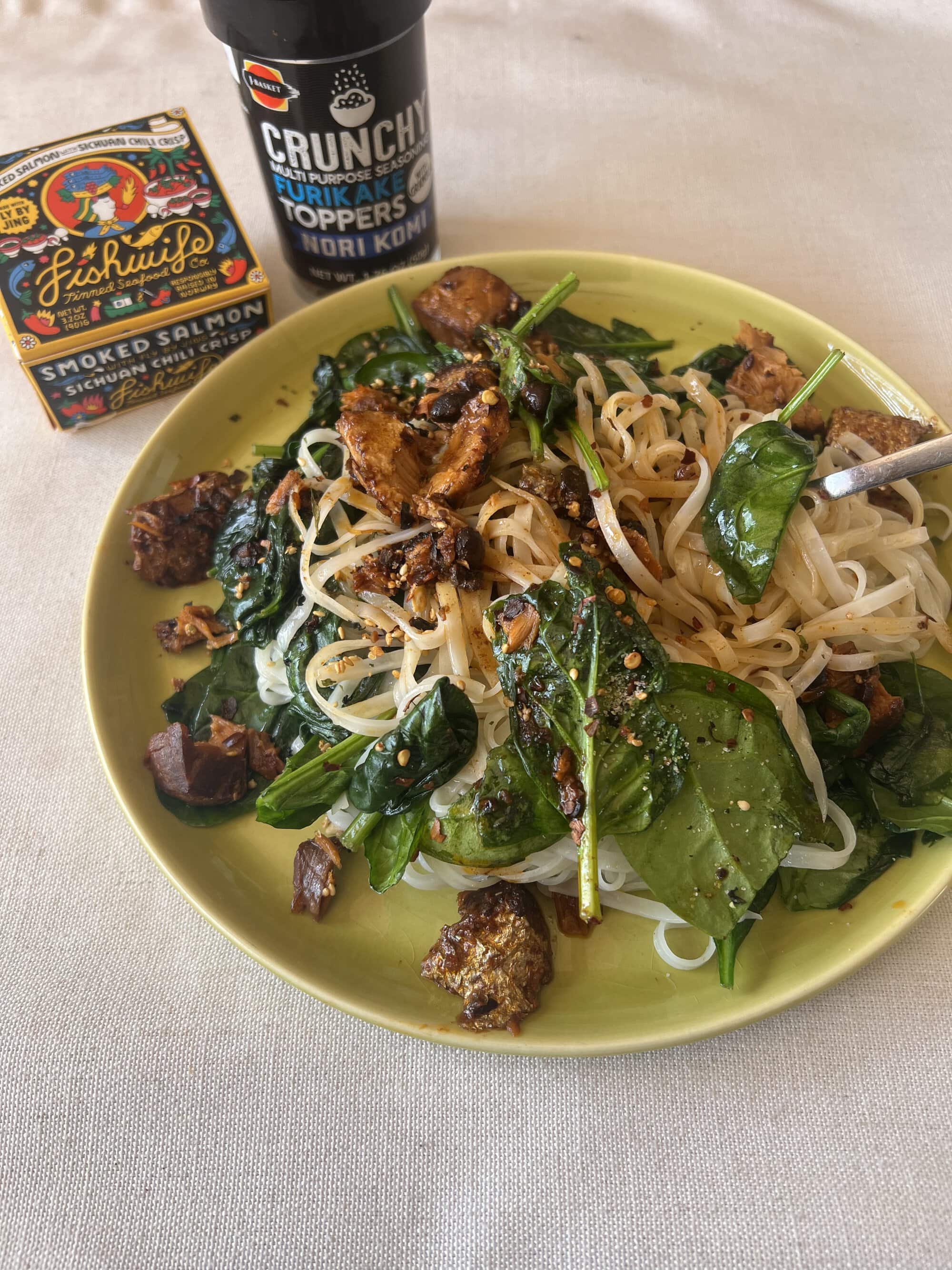 Rice noodles + greens + spicy tinned fish + a crunchy topper