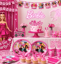Barbie-themed birthday party with cake, cupcakes, and pink decorations.