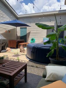 Outdoor backyard scene with hot tub, patio furniture, and large plant.