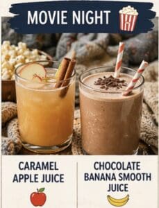 Two delicious party drinks: caramel apple juice and chocolate banana smoothie for movie night.