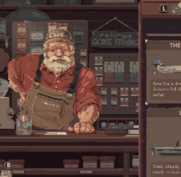 Pixel art scene of an older bearded fisherman wearing a cap and brown overalls standing behind a bait shop counter, with fishing supplies and a “Gone Fishing” sign in the background.