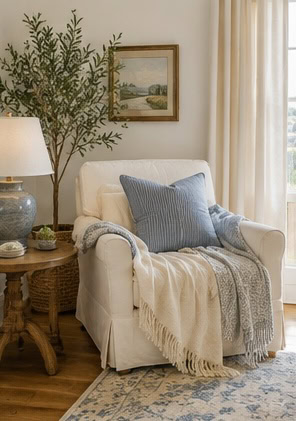 Comfortable armchair with pillows and throw blanket in a cozy living room.