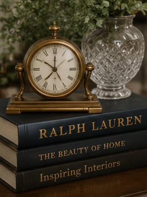 Vintage gold clock on a stack of Ralph Lauren books with a glass vase nearby.