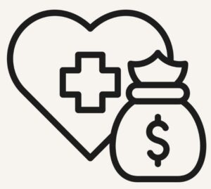 Heart with medical cross and money bag symbolizing healthcare funding or charity.