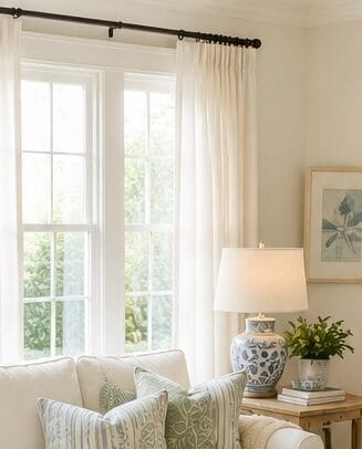 Bright living room with white sofa, floral pillows, and natural light.