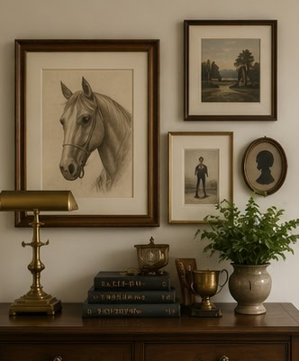 Gallery wall with horse portrait, landscape, and silhouette art pieces.