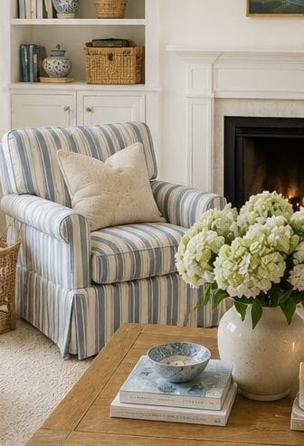 Elegant living room with striped armchair, fireplace, and built-in bookshelf.