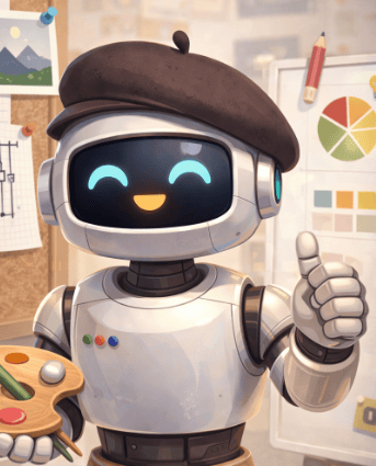 Friendly robot with beret giving a thumbs-up in a design studio.