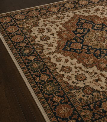 Traditional patterned area rug with floral and geometric designs in beige, navy, and rust colors.