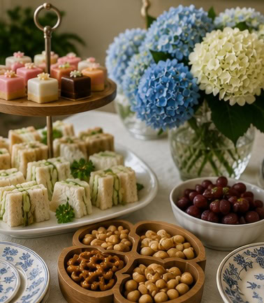 Beautiful dessert platter with hydrangea flowers and snacks for celebration.
