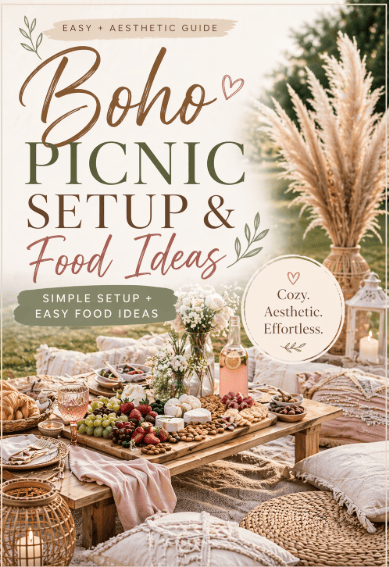 Boho picnic setup with food, flowers, and cozy decor for outdoor gatherings.