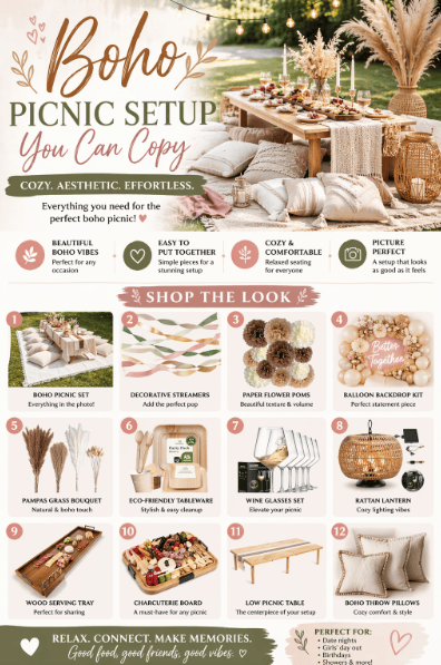 Charming boho picnic setup with cozy cushions, decorative flowers, and stylish tableware for an aest.