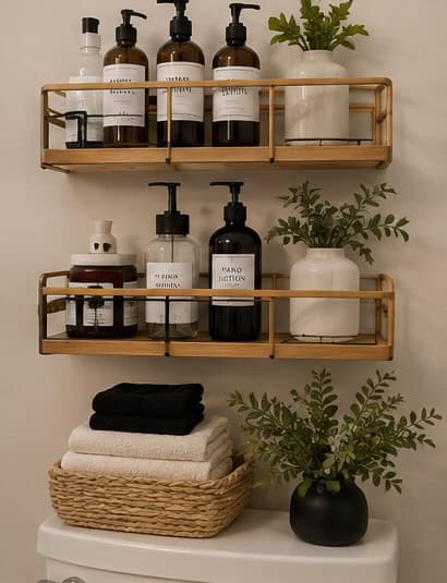 Bathroom shelves with soap dispensers, plants, and towels for decor.