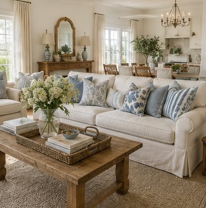 Bright living room with white sofa, blue pillows, and wooden coffee table.