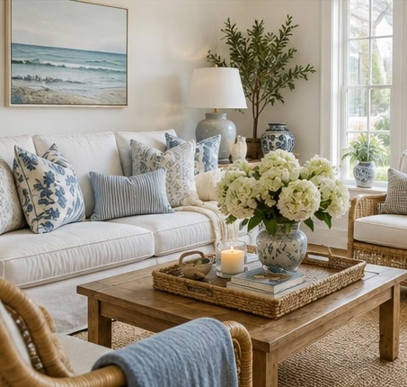 Bright living room with white sofa, blue accents, and floral decor.