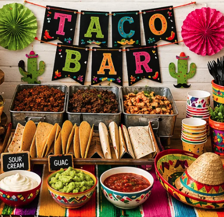 Colorful taco bar with toppings, drinks, and festive decorations for a party.