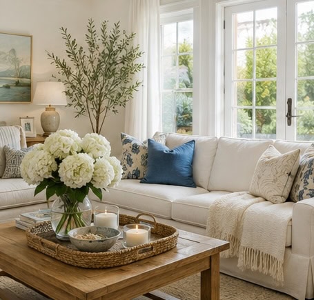 Bright living room with white sofa, blue pillows, and large windows.