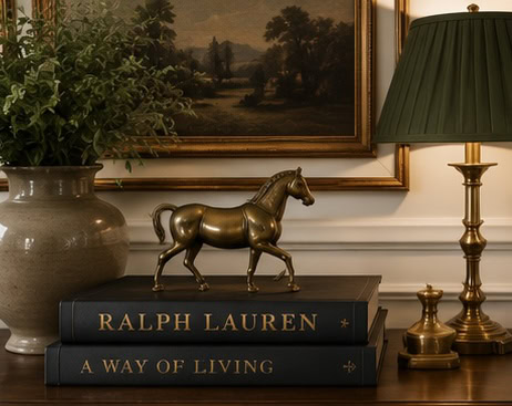 Decorative horse figurine on books with classic lamp and painting in background.