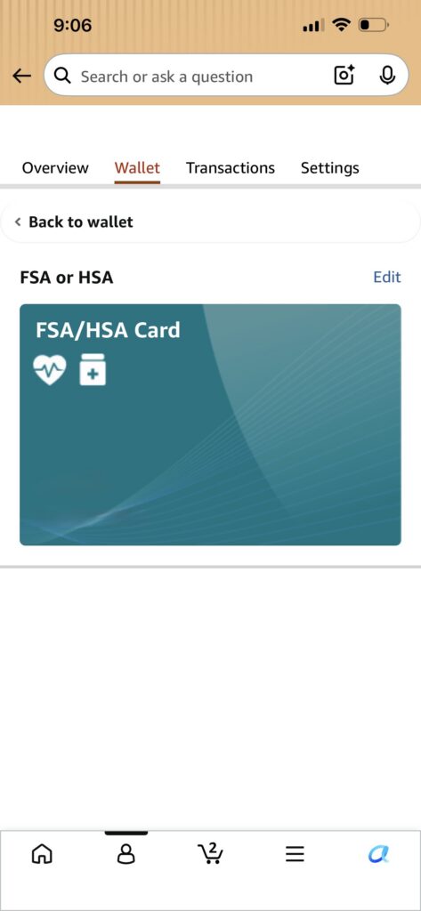 FSA/HSA card displayed on a mobile wallet app screen.