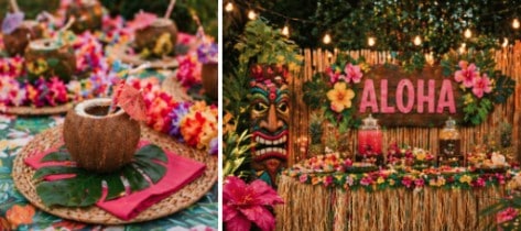 Colorful tropical party setup with flowers and Hawaiian decor.
