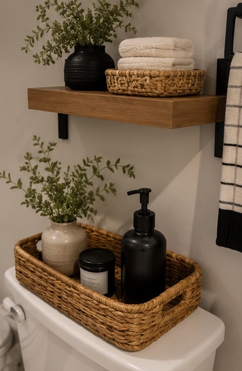 Bathroom shelf with towels, plants, and toiletries for stylish organization.