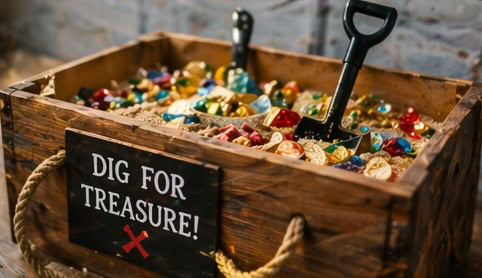 Wooden treasure box with colorful jewels and two small shovels for digging.