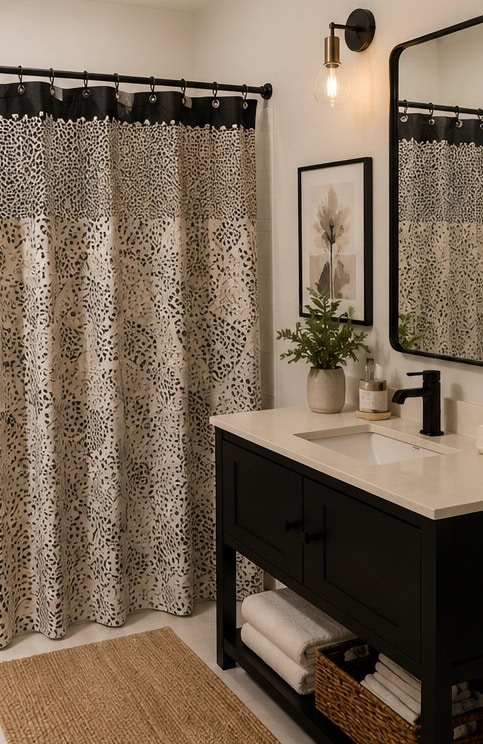 Elegant bathroom with leopard print shower curtain, black vanity, and framed botanical art.