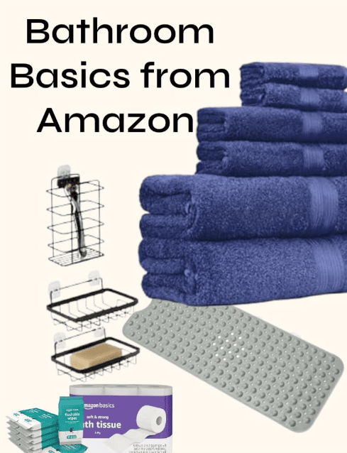 Stack of blue towels, bath mat, and bathroom accessories for home organization.