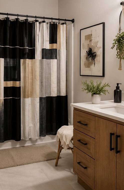 Contemporary bathroom with black and beige shower curtain and wooden vanity.