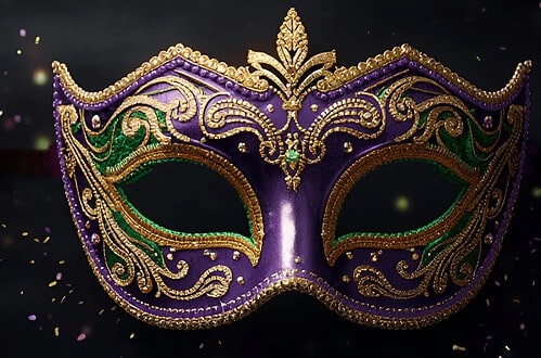 Colorful Mardi Gras mask with purple, green, and gold embellishments.